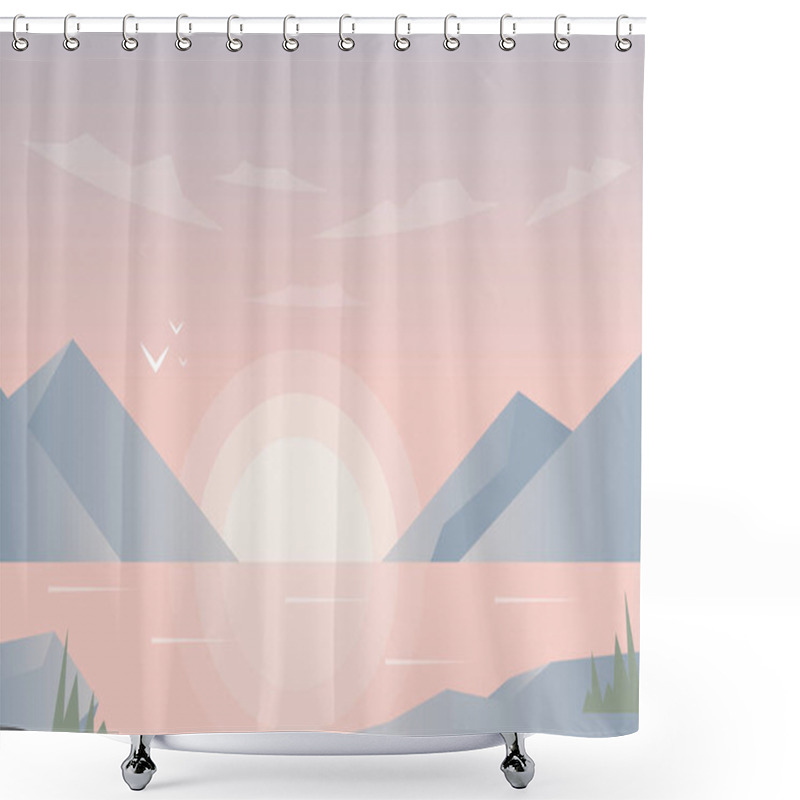 Personality  Abstract Image Of A Sunset Or Dawn Sun Over The Mountains At The Background And River Or Lake At The Foreground. Mountain Landscape. Vector Illustration Shower Curtains