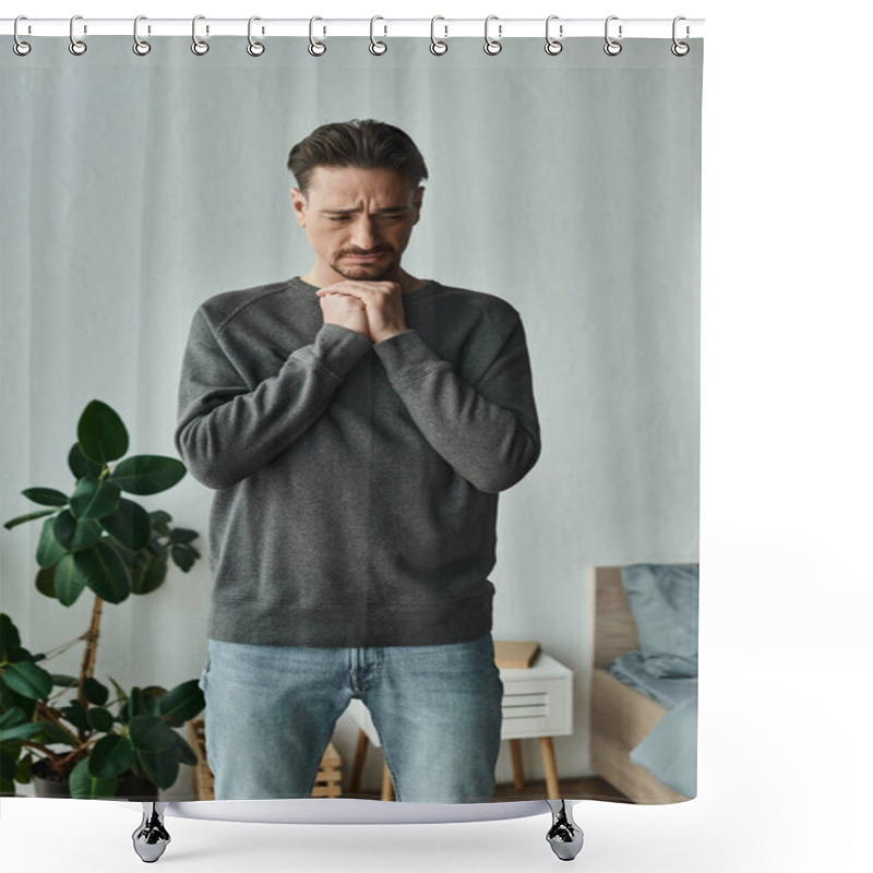 Personality  Depressed And Bearded Man In Casual Home Wear Standing With Hands Near Face On Grey Background, Sad Shower Curtains