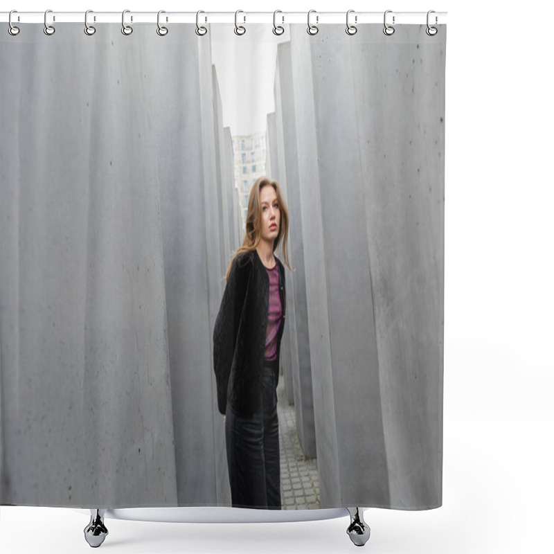 Personality  Fair Haired Young Woman In Jacket Standing Between Memorial To Murdered Jews Of Europe In Berlin Shower Curtains