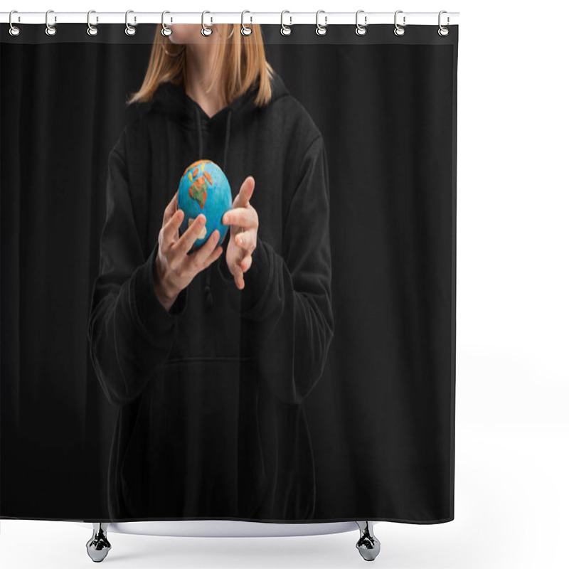 Personality  Cropped View Of Woman Holding Plasticine Globe Isolated On Black, Global Warming Concept Shower Curtains