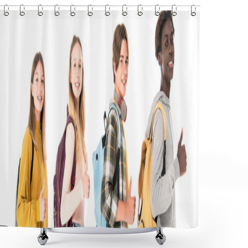 Personality  Panoramic Shot Of Smiling Multicultural Teenagers Showing Like Gesture Isolated On White Shower Curtains