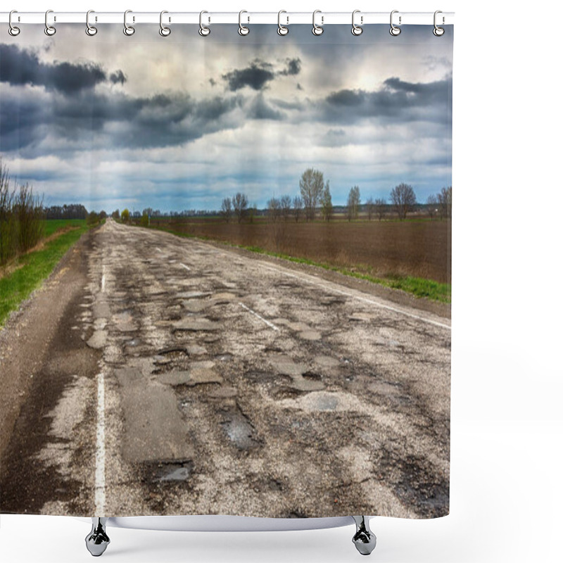 Personality  Old Road. Concept  Highway In Huge Pits And Potholes  Cloudy Weather, Sky In Thick Dark Clouds. Symbol Of  Hard Way, Choice Shower Curtains