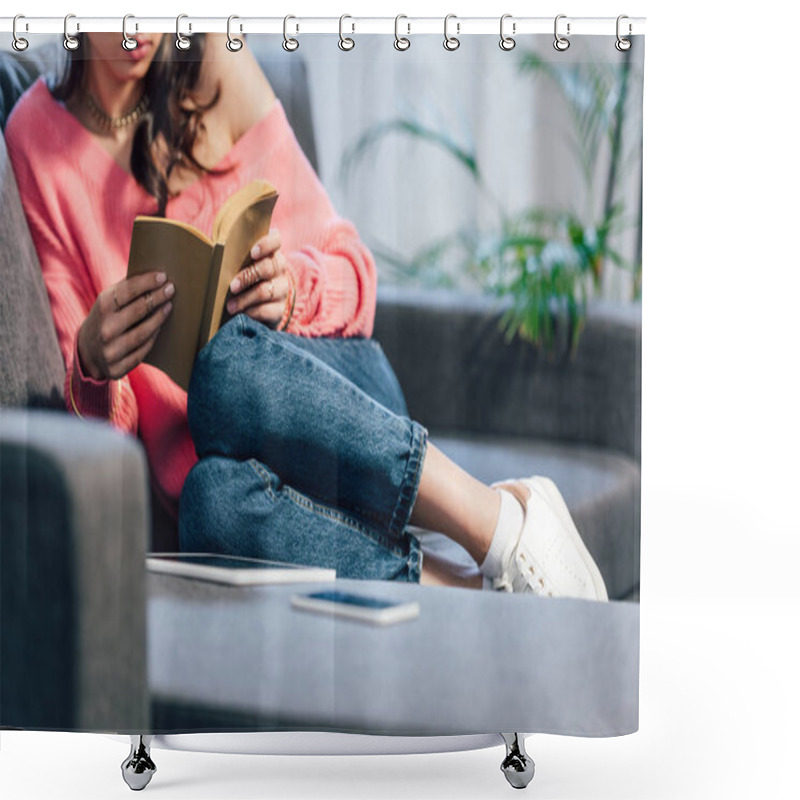 Personality  Cropped View Of Female Student Sitting On Sofa And Reading Book Shower Curtains