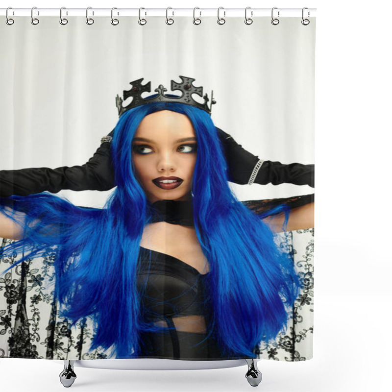 Personality  In A Stunning Halloween Outfit, The Young Woman Shows Off Her Vibrant Blue Hair And Crown. Shower Curtains