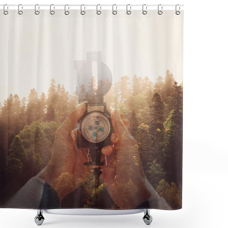 Personality  Double Exposure Image Of Sunset In Pine Tree Forest And Female Hands With Hiking Compass. Shower Curtains