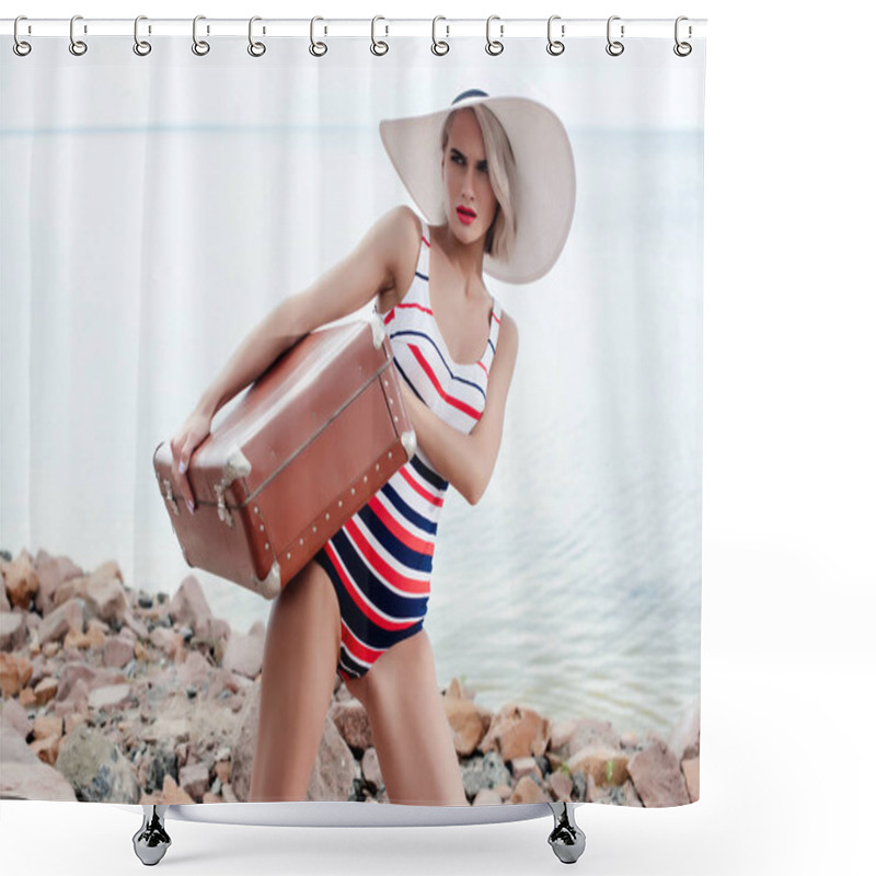 Personality  Attractive Stylish Tourist In Swimsuit With Retro Travel Bag On Rocks Near The Sea Shower Curtains