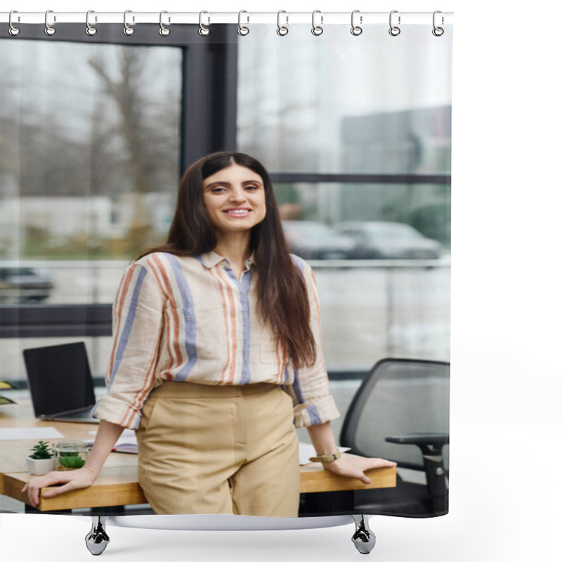 Personality  A Woman Stands By An Office Window, Reflecting Before A Job Interview. Shower Curtains