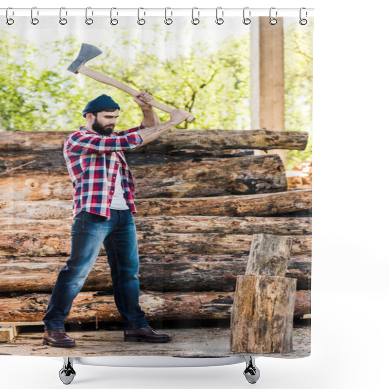 Personality   Lumberjack In Checkered Shirt Chopping Log At Sawmill  Shower Curtains