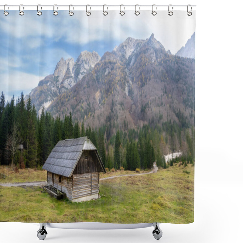 Personality  Drone Aerial Of Wooden Mountain Hut Overlooking Autumn Valley In The Julian Alps, Slovenia. Holiday Wooden House Shower Curtains