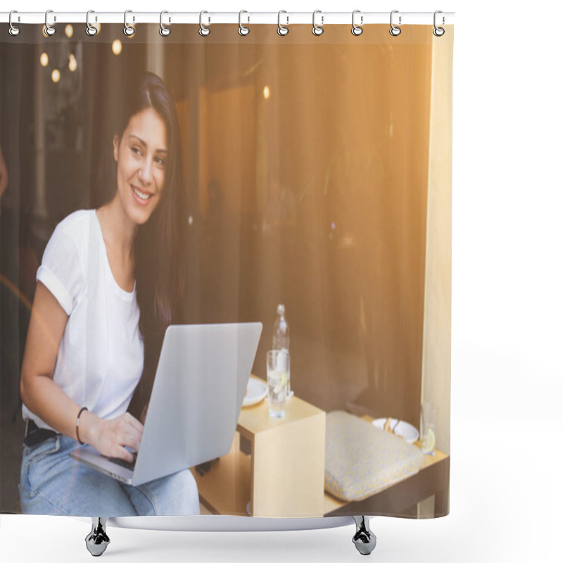 Personality  Young Woman Freelancer Looking Aside While Is Working On Net-book. Copy Space Shower Curtains