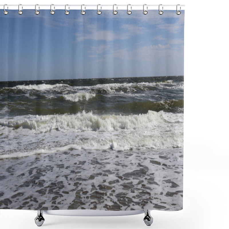 Personality  A Vibrant Ocean Scene Showcasing Foamy Waves Crashing Towards The Shore Under A Serene Blue Sky With Scattered Clouds. Shower Curtains