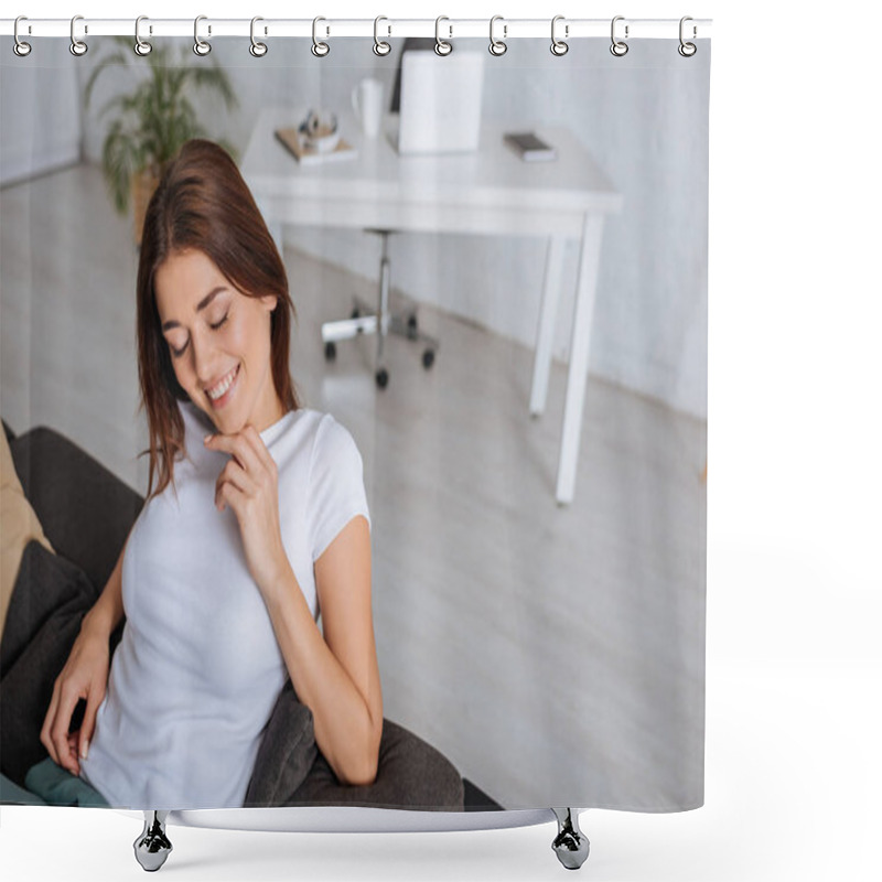 Personality  Young Smiling Woman With Closed Eyes Relaxing In Living Room  Shower Curtains