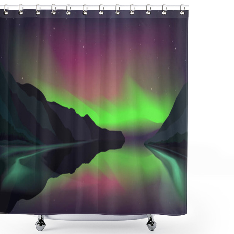 Personality  Northern Lights Glowing Over A Mountain Lake. Vector Illustration. EPS 10 Shower Curtains