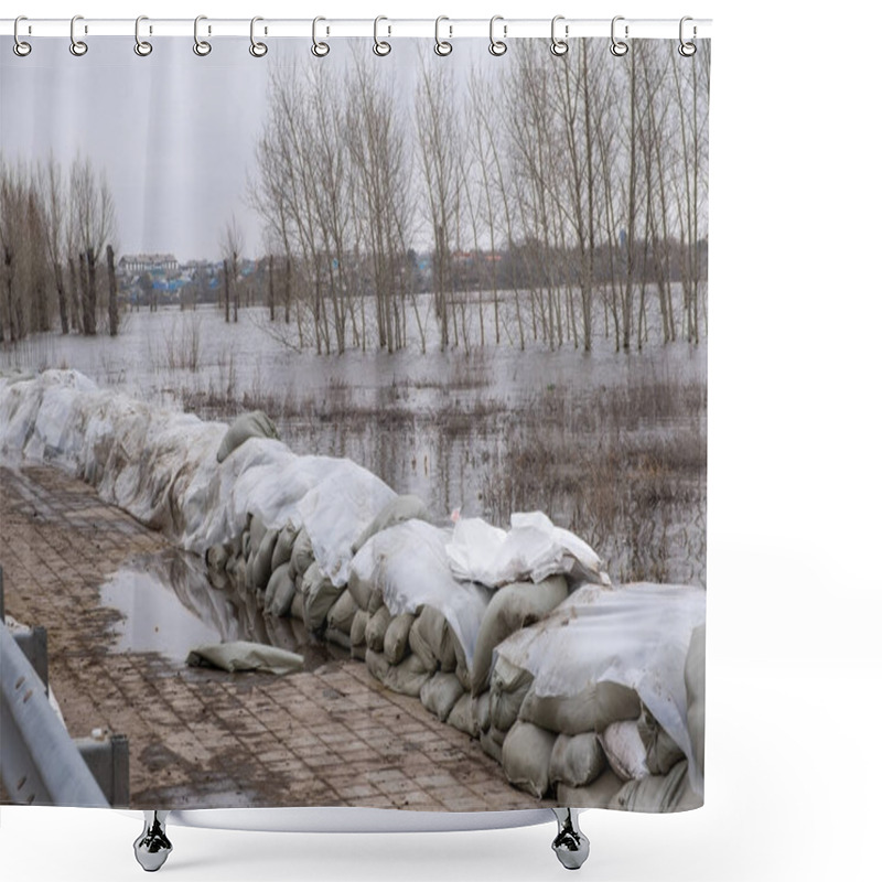 Personality  Stacks Of Sandbags Are Laid Out On The Sidewalk To Protect Against Flooding Shower Curtains