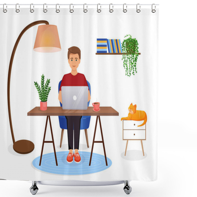 Personality  Man Sits At A Table, Works At A Computer At Home. Remote Work, Freelance, Home Office, Programming, Training. Cozy Working Interior With A Cat. Vector Illustration Shower Curtains