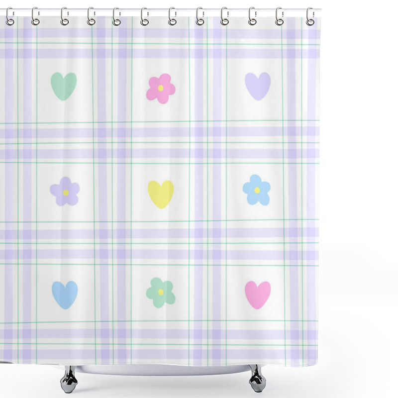 Personality  Cute Element Heart Flower Rainbow Pastel Gingham Pattern Editable Stroke. Cartoon Illustration Cloth, Mat, Fabric Pattern, Textile, Scarf, Wrapping Paper. Shower Curtains