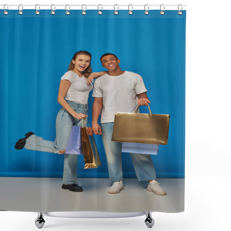 Personality  Holiday Sales, Happy Interracial Couple  Holding Shopping Bags And Standing On Blue Backdrop Shower Curtains