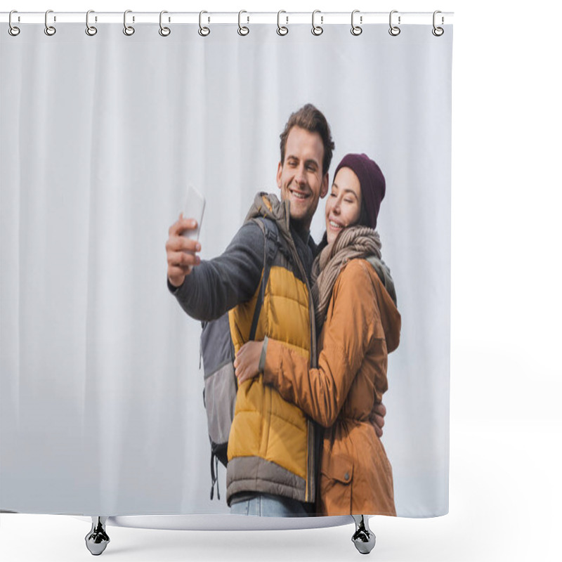 Personality  Happy Hikers Taking Selfie On Mobile Phone Against Blue Sky Near Sea Shower Curtains