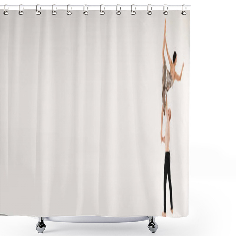 Personality  Shirtless Young Man And Woman In Shiny Dress Executing Acrobatic Dance Moves In Mid-air, Isolated On White Background. Shower Curtains