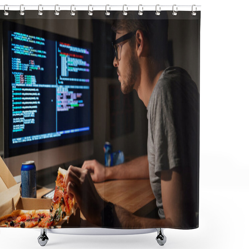 Personality  Concentrated Software Developer Eating Pizza And Coding  Shower Curtains