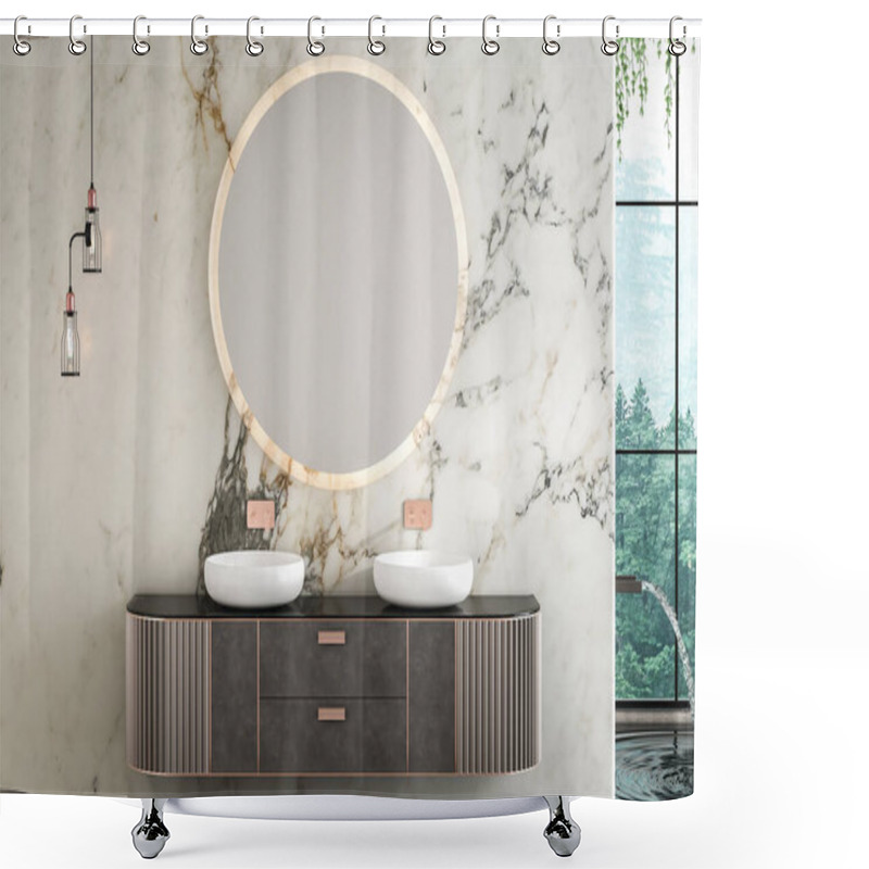 Personality  A Luxurious Bathroom With A Double Sink Vanity, Marble Walls, Concrete Flooring, A Small Pool, And A Forest View From The Window.3d Rendering Shower Curtains