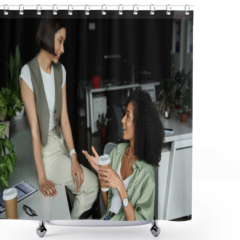 Personality  Two Women Sharing A Lighthearted Moment Over Coffee In An Office. Shower Curtains