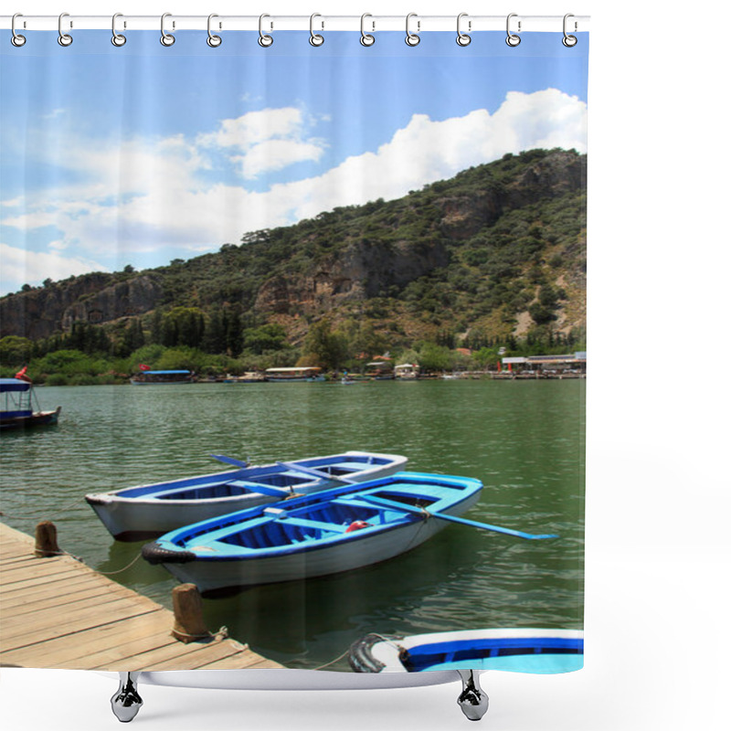 Personality  Boat On Dalyan Coastline Shower Curtains