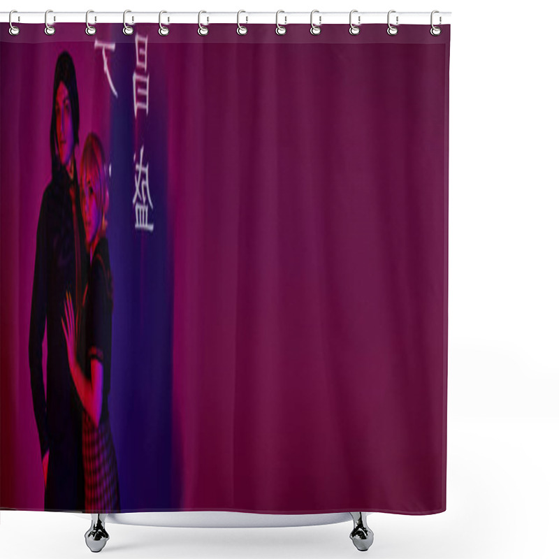 Personality  Cosplay Students In Uniform In Neon Light On Purple Backdrop With Hieroglyphs Projection, Banner Shower Curtains