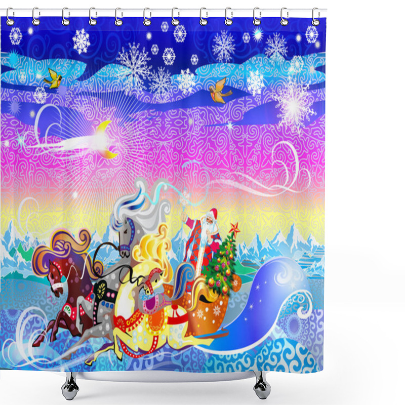 Personality  Three Horses Carriage With Santa Claus Shower Curtains