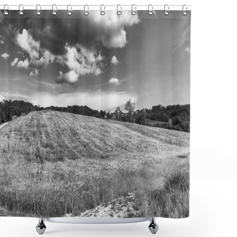 Personality  Tuscany, Italy. Rural Sunset Landscape. Countryside Meadows, Green Field, Sun Light And Clouds. Shower Curtains