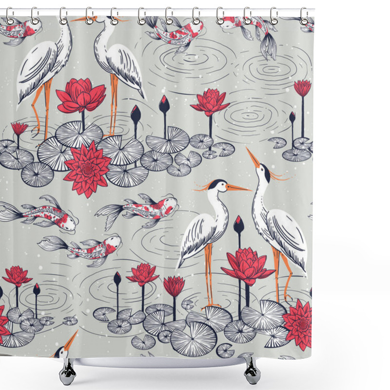 Personality  Vector Seamless Pattern With Water Lilies Lotus Flowers, Cranes And Koi Fishes. Perfect For Textile, Fabric, Wallpapers, Graphic Art, Printing Etc. Shower Curtains