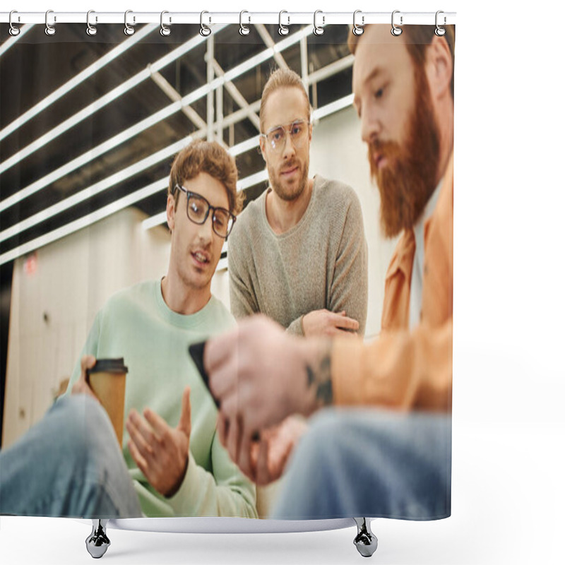 Personality  Bearded Businessman Networking On Mobile Phone Near Colleague In Eyeglasses Holding Paper Cup And Talking During Coffee Break In Contemporary Coworking Space On Blurred Foreground Shower Curtains