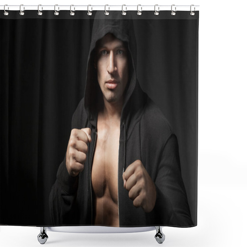 Personality  Strong Man Fighter Portrait Isolated On Black Background Shower Curtains