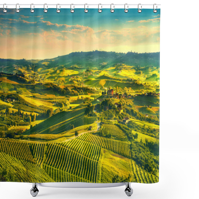 Personality  Langhe Vineyards Sunset Panorama, Grinzane Cavour, Unesco Site, Piedmont, Northern Italy Europe. Shower Curtains