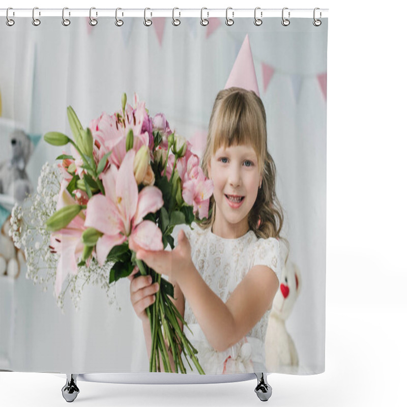 Personality  Adorable Birthday Kid In Cone Showing Bouquet Of Lilies  Shower Curtains