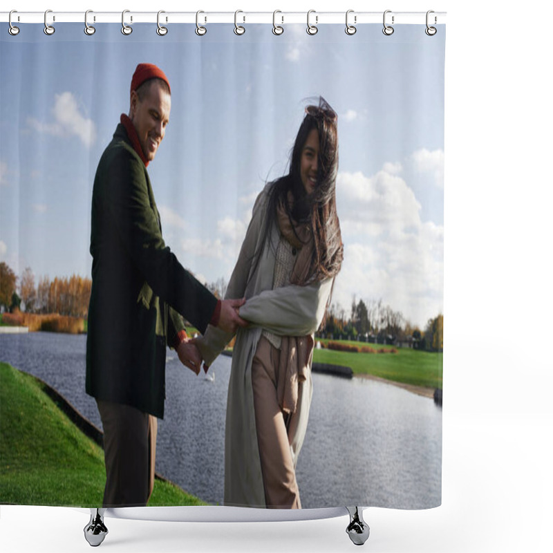 Personality  Two People Share Laughter And Joy While Holding Hands Near A Peaceful Lake On An Autumn Day. Shower Curtains