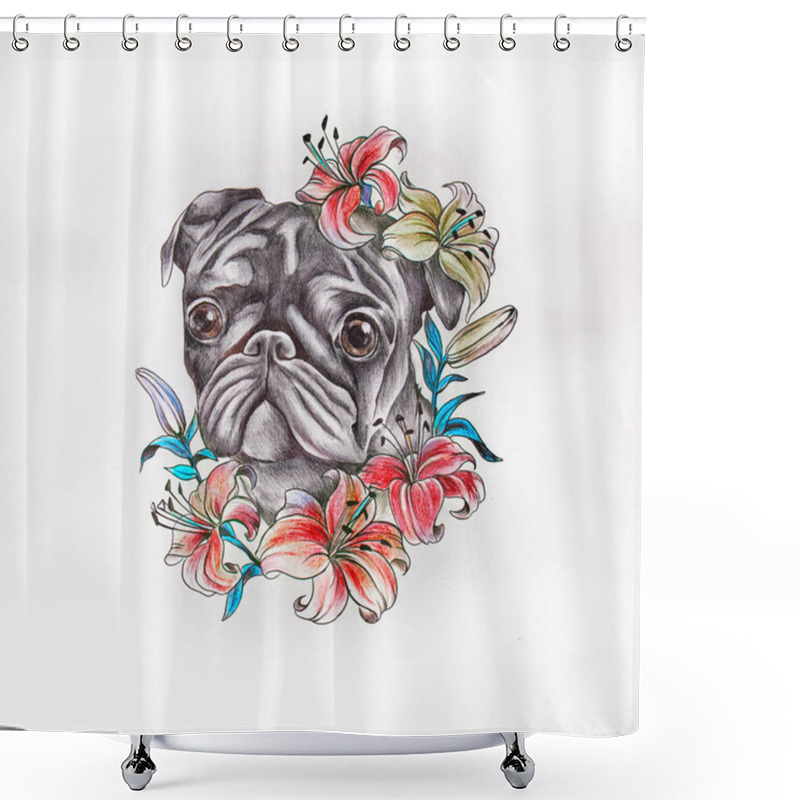 Personality  Sketch Of Pug In Flowers On A White Background Shower Curtains