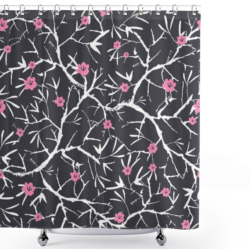 Personality  Vector Black, Pink, And White Blooming Sakura Bracnhes Painted Texture. Seamless Repeat Pattern Background. Great For Wallpaper, Cards, Fabric, Wrapping Paper, Stationery Projects. Shower Curtains