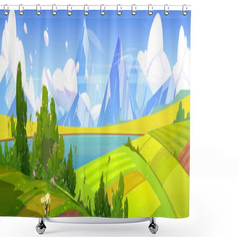 Personality  Summer Landscape With Lake, Agriculture Fields And Mountains. Vector Cartoon Illustration Of Nature Scene Of Countryside With Green Farmlands, River And Rocks Shower Curtains