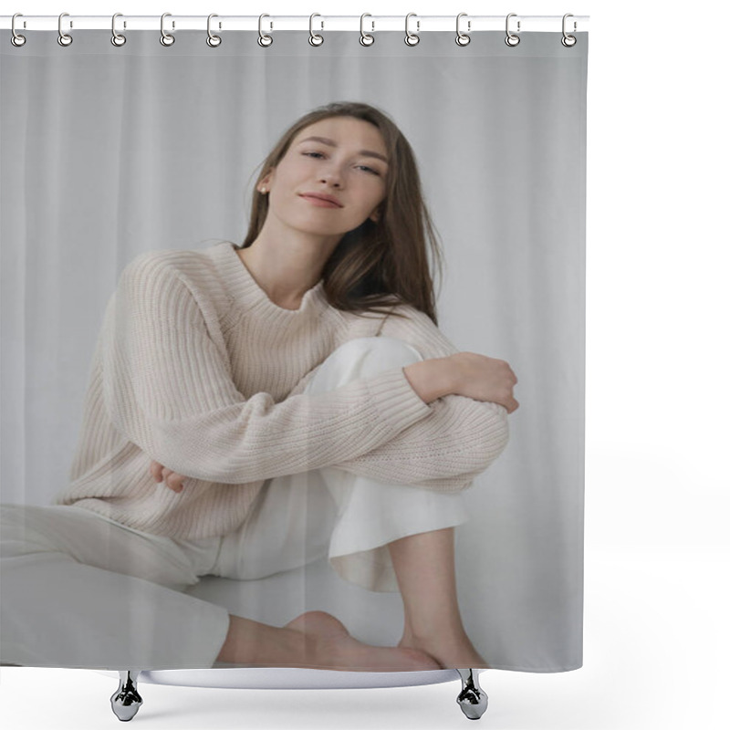 Personality  Cool Sporty Girl In Beige Sweater And White Bicycle Pants On Neutral Grey Background. Soft Light, Monochrome Picture. Good Vibes, Positive Emotions. Tall And Slim European Model In Good Shape. Shower Curtains