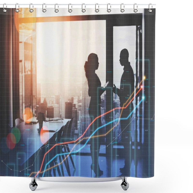 Personality  Business People, Meeting And Charts In Double Exposure For Data Analytics Advice, Investment Negotiation Or Planning. Analyst, Investor Or Financial Team For Silhouette And Stats Overlay On Growth. Shower Curtains