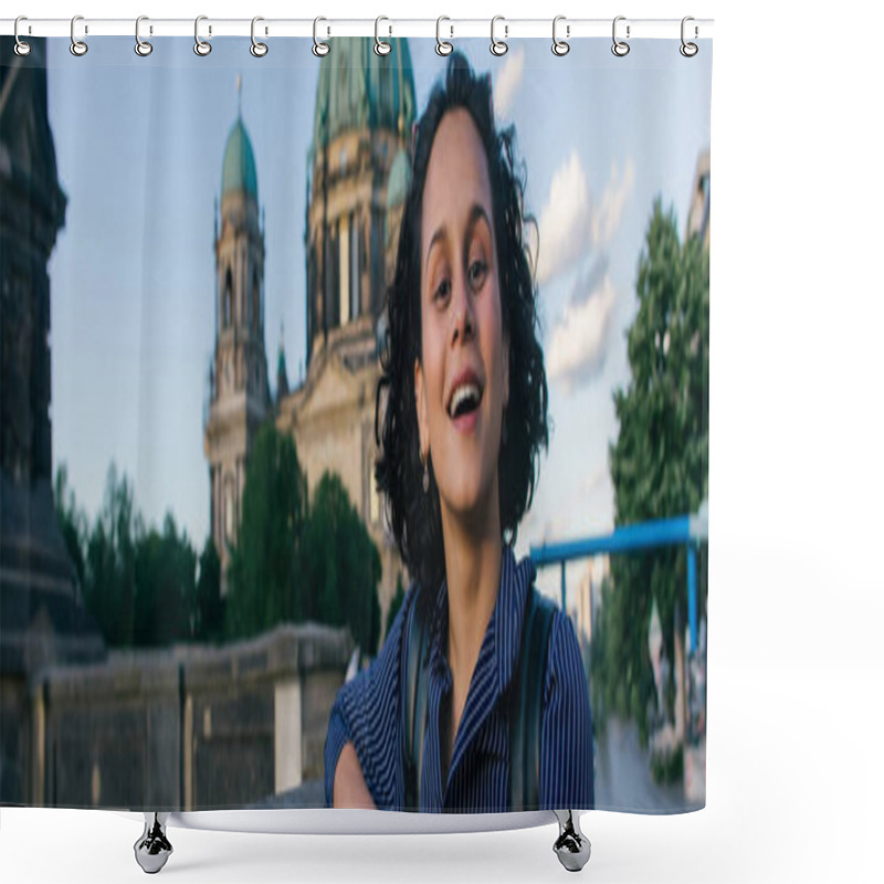 Personality  BERLIN, GERMANY - JULY 14, 2020: Amazed Young Woman Near Blurred Berlin Cathedral, Banner Shower Curtains