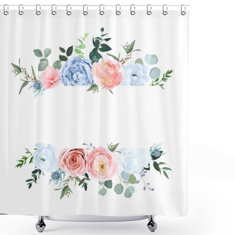 Personality  Dusty Blue And Peachy Blush Rose, White Hydrangea, Ranunculus, Eucalyptus, Greenery Shower Curtains