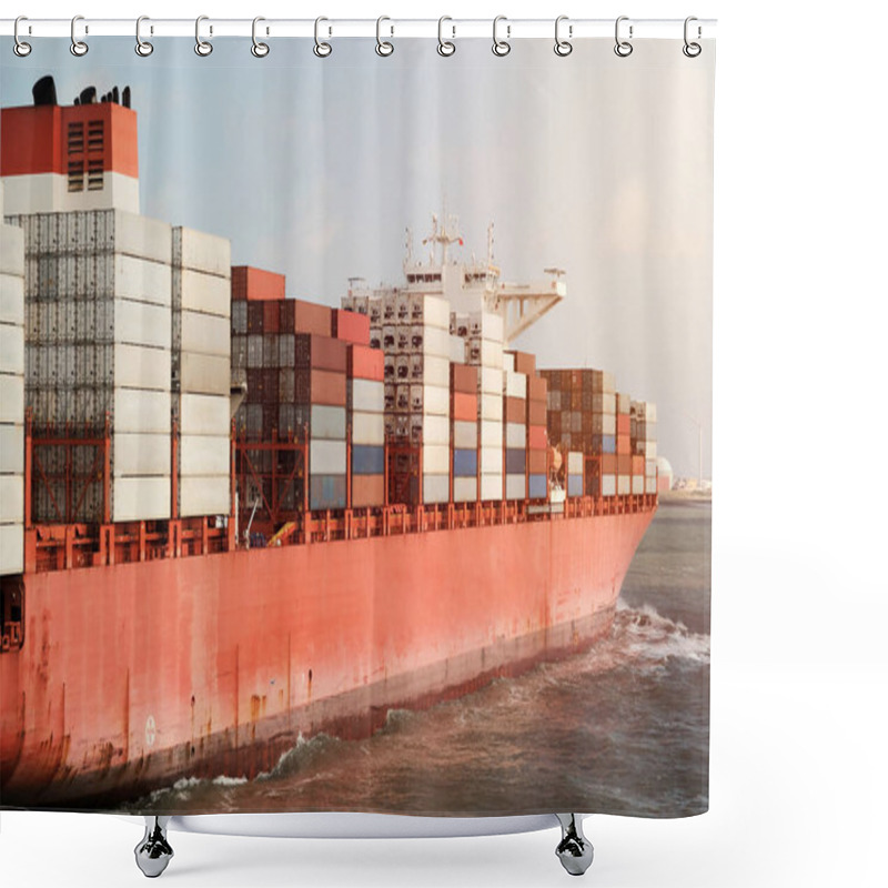 Personality  Large Megamax Container Vessel With Tonnes Of Valuable Cargo On Board Underway To Her Next Destination Being Enrouted From Europe To Asia. Commercial Shipping At Full Scale. Worldwide Logistics. Shower Curtains