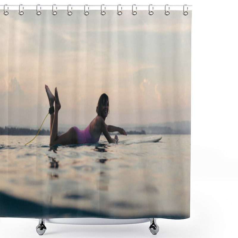 Personality  Silhouette Of Woman Lying On Surfboard In Water In Ocean At Sunset Shower Curtains