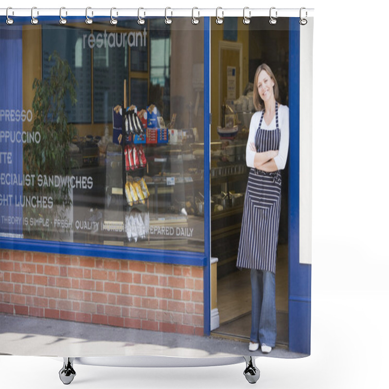 Personality  Woman Standing In Doorway Of Restaurant Smiling Shower Curtains