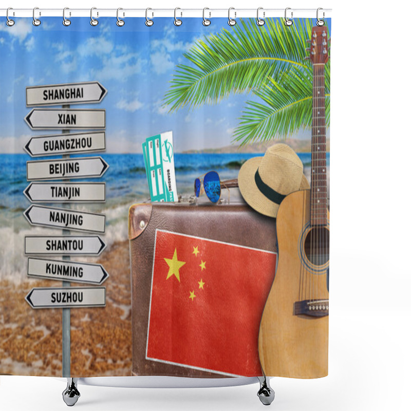 Personality  Concept Of Summer Traveling With Old Suitcase And China Town Sign Shower Curtains