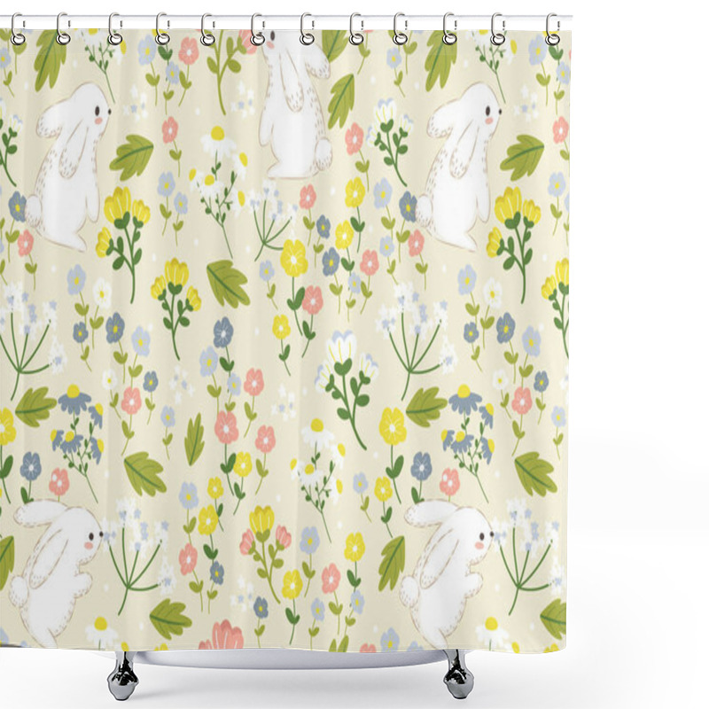 Personality  Bunny And Flowers Texture Vector Seamless Pattern. Great For Spring And Summer Wallpaper, Backgrounds, Invitations, Packaging Design Projects. Surface Pattern Design. Shower Curtains