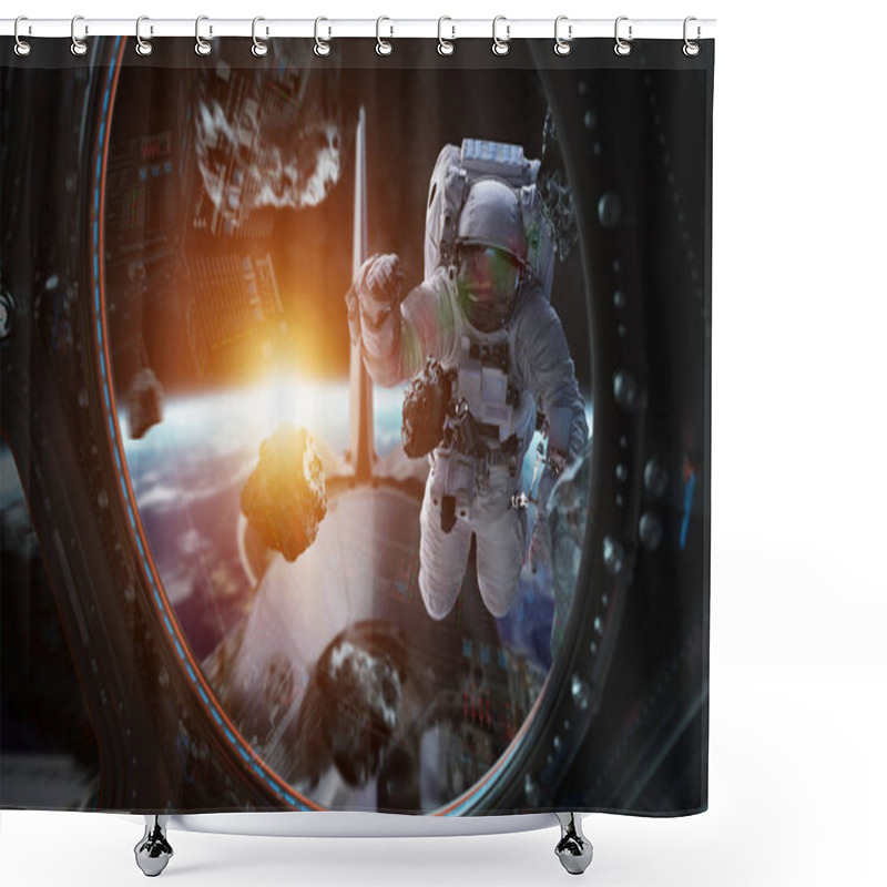 Personality  Astronaut Working On A Space Station 3D Rendering Elements Of Th Shower Curtains