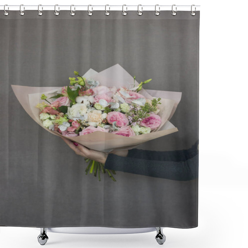 Personality  The Delicate Rustic Floral Bouquet In Woman Hands On Grey Background Shower Curtains